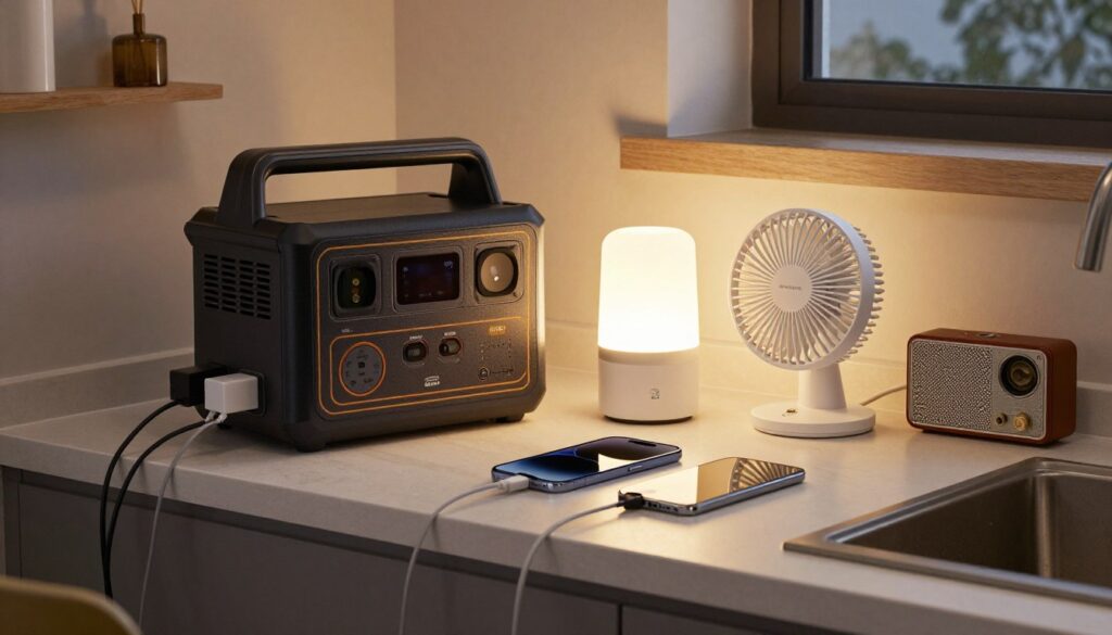 portable power station powering multiple devices during hurricane preparation
