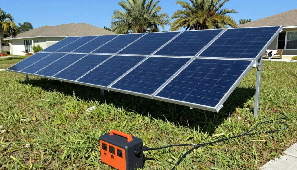portable solar panel deployed on lawn charging power station
