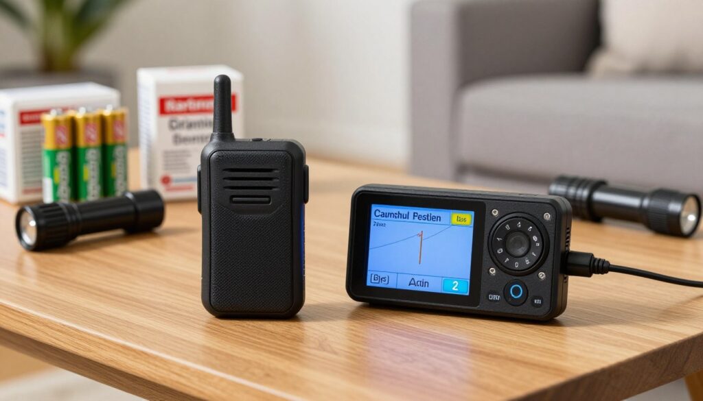 satellite communicator and emergency weather radio side by side on table during hurricane preparation