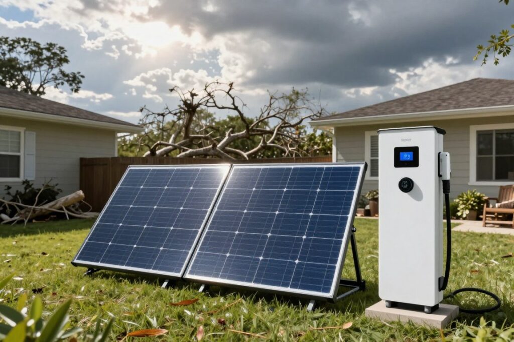 solar panel charging power station in yard after hurricane with clearing skies