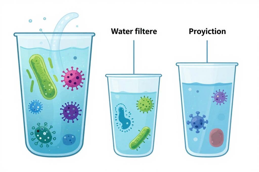 water filter versus water purifier comparison diagram showing filtration levels