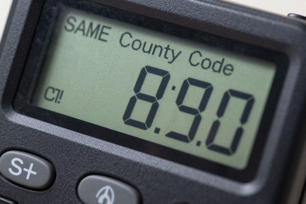 weather radio display showing SAME county code programming screen